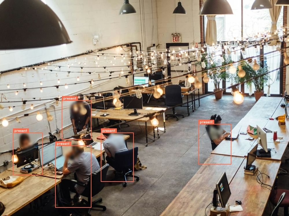Open plan office with people marked present